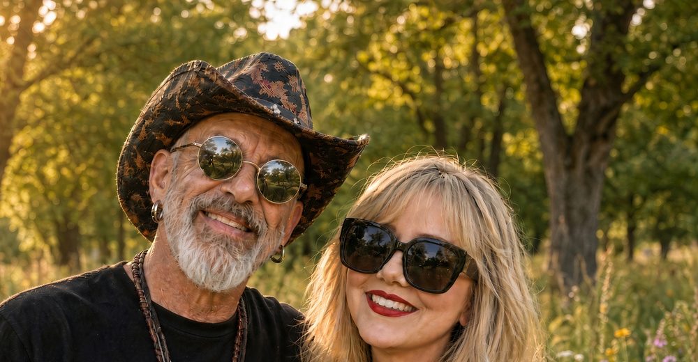 Jennifer and Tim smiling together in a sunny meadow